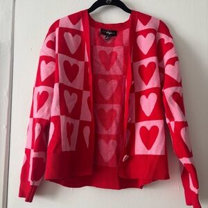 Pink and Red Heart Print Cardigan